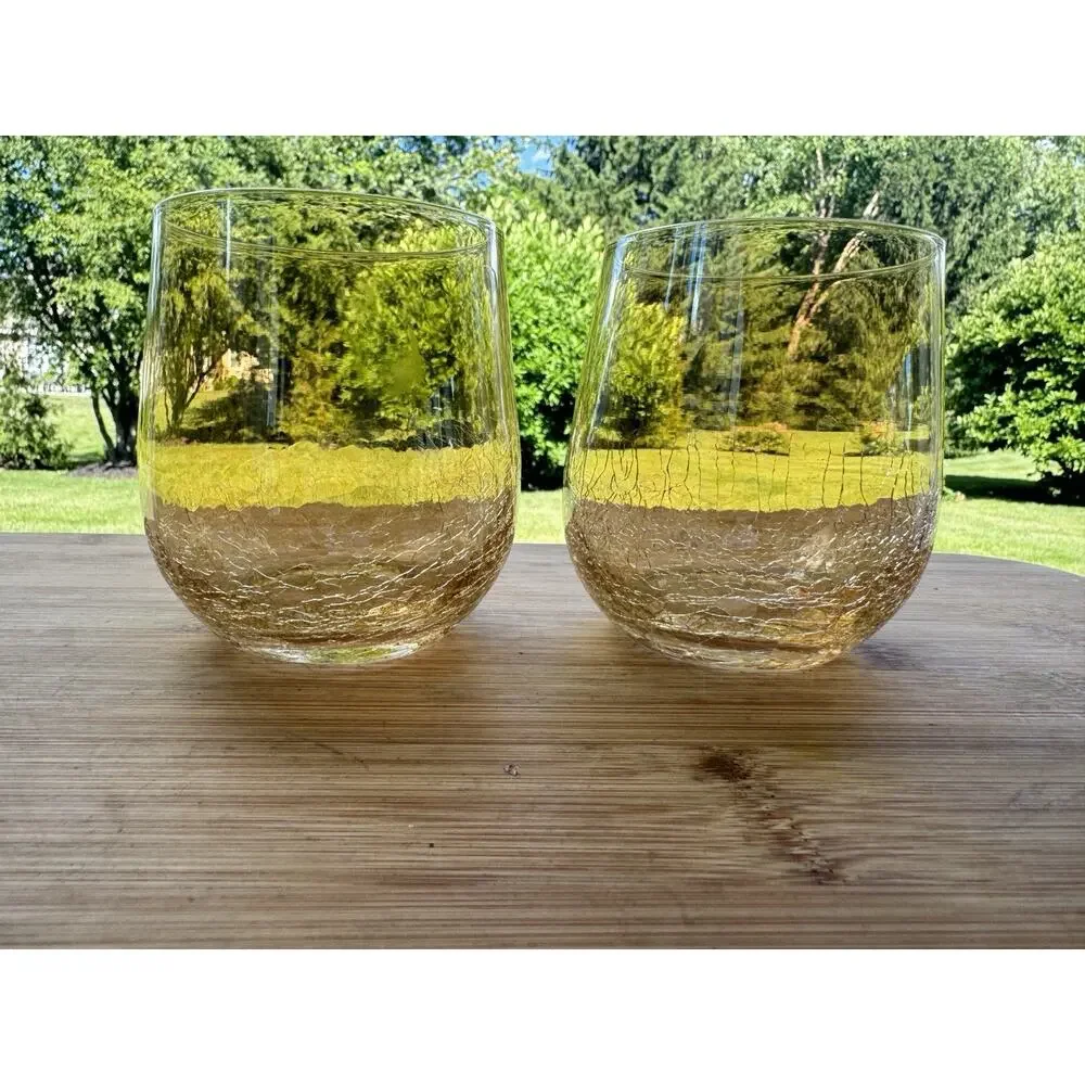 Pier 1 Amber Crackle Golden Luster Stemless Wine / Lowball Tumbler Glass~ 2 Pc